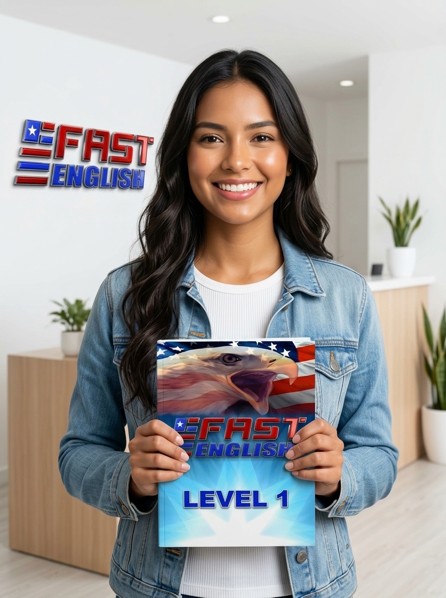 Estudiante en sede FAST ENGLISH Cali sosteniendo el libro oficial con el águila y la bandera de Estados Unidos