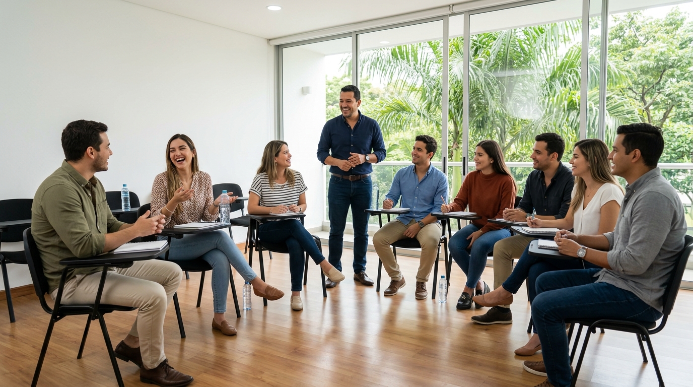 Club de conversación en FAST ENGLISH Cali con estudiantes riéndose y docente en vivo
