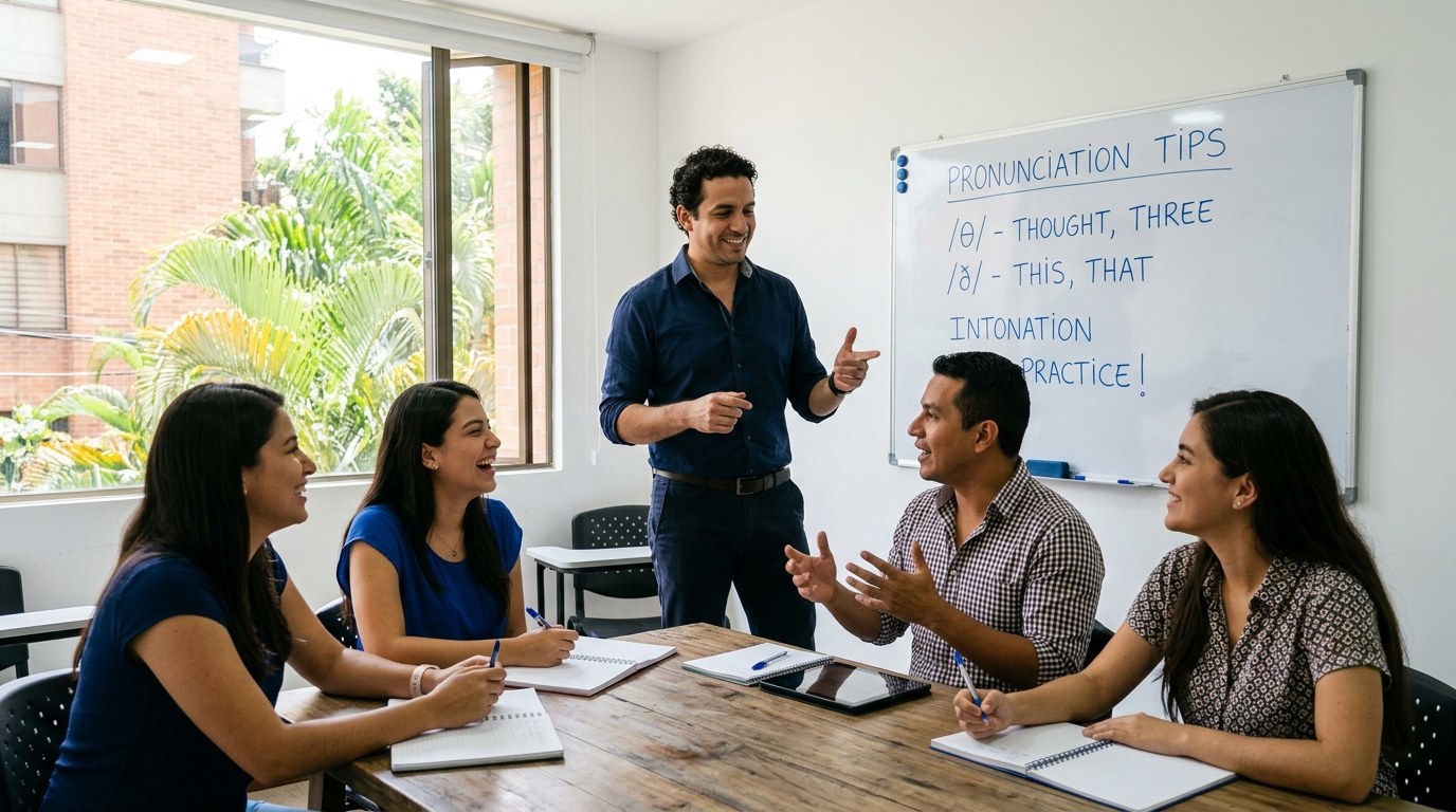 Docente explicando método conversacional activo en FAST ENGLISH Cali