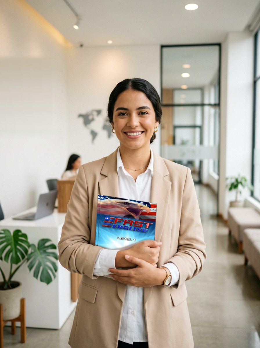 Estudiante profesional en recepción de FAST ENGLISH Cali recibiendo su libro oficial físico de inglés con águila y bandera